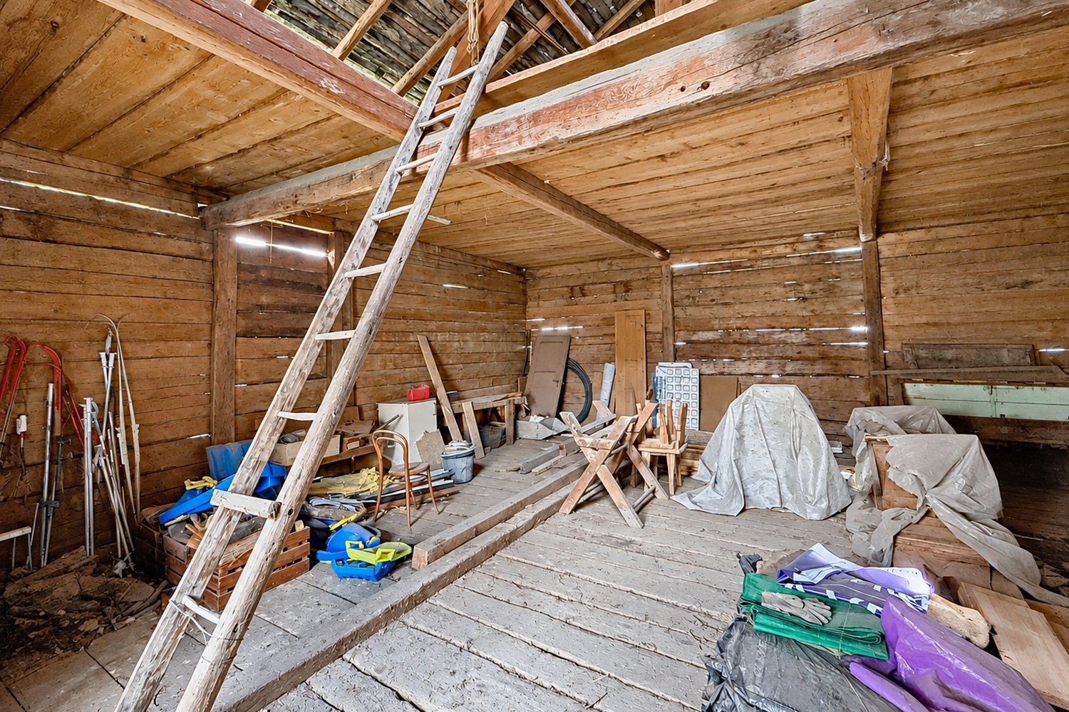 Sous le toit de la grange : chevrons et dalles vus de l'intérieur, échelle vers la trappe.
